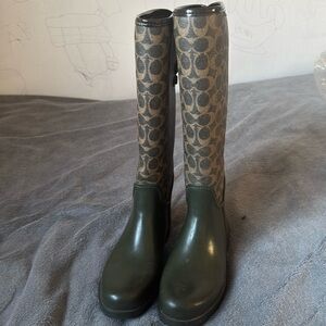 Coach Olive and Beige Patterned Rain Boots